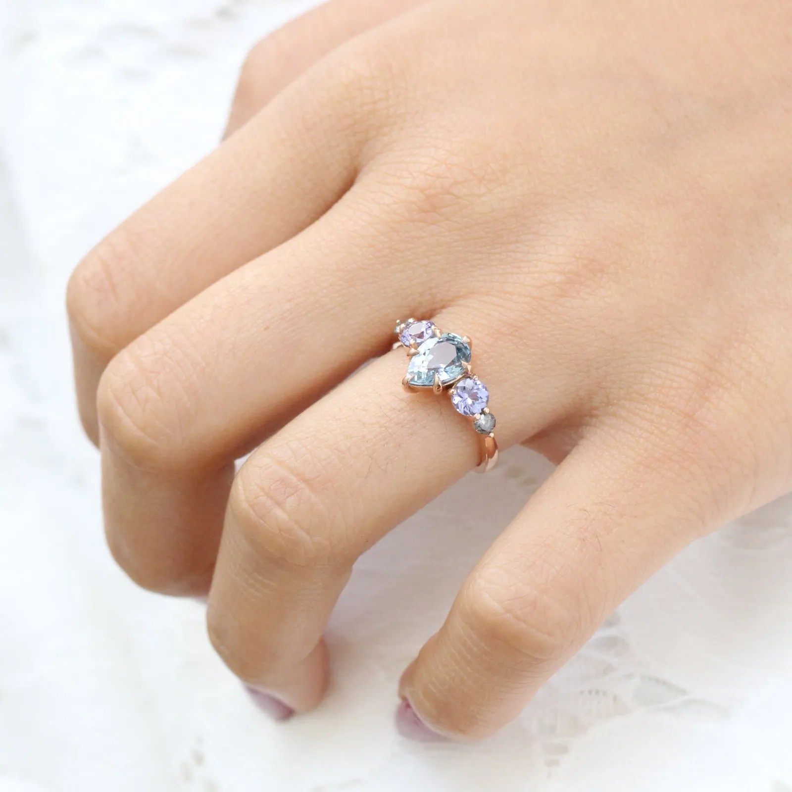 Pear Aqua Blue Sapphire Engagement Ring in 14k Rose Gold 5 Stone Ring, Size 6.5