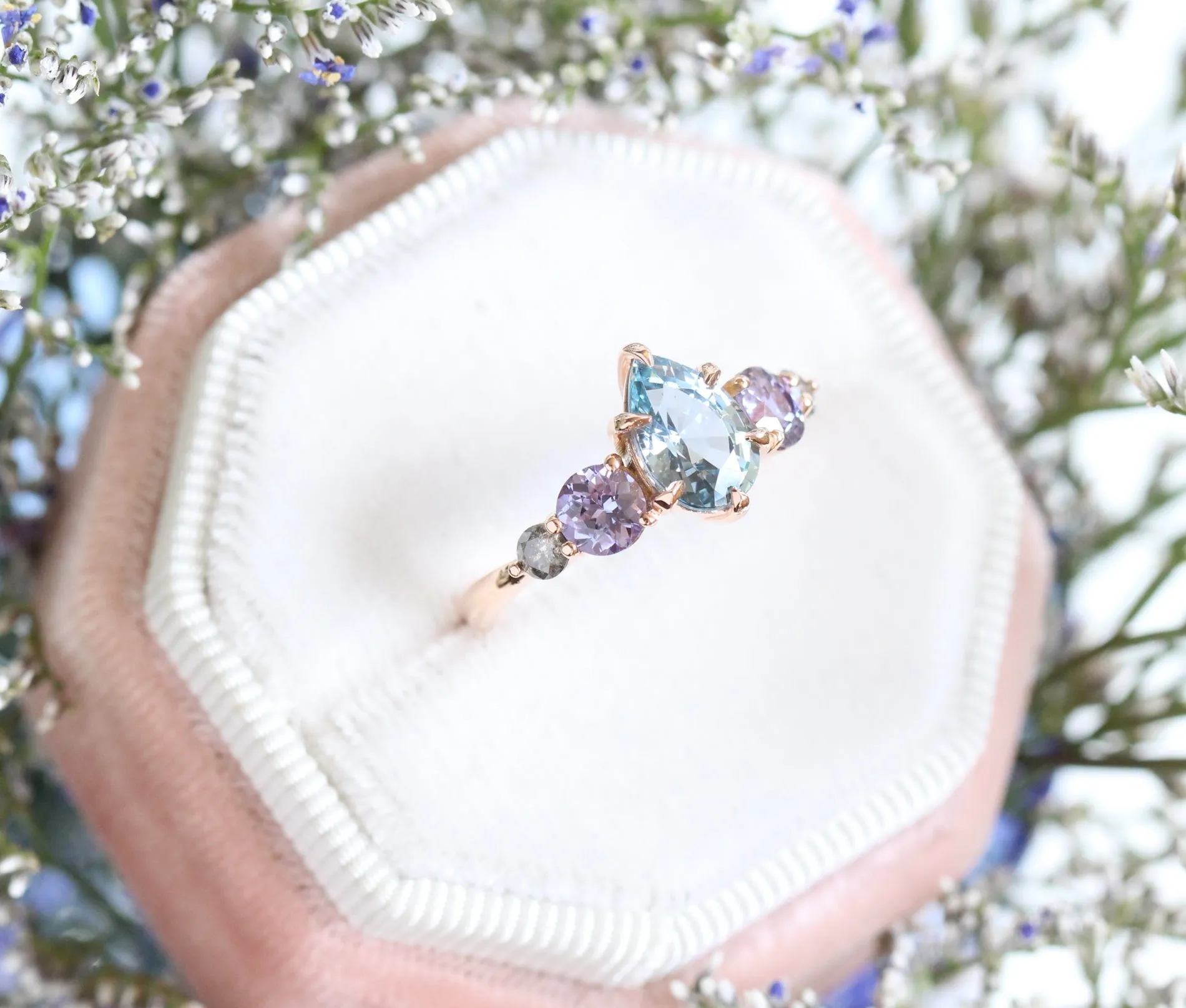 Pear Aqua Blue Sapphire Engagement Ring in 14k Rose Gold 5 Stone Ring, Size 6.5