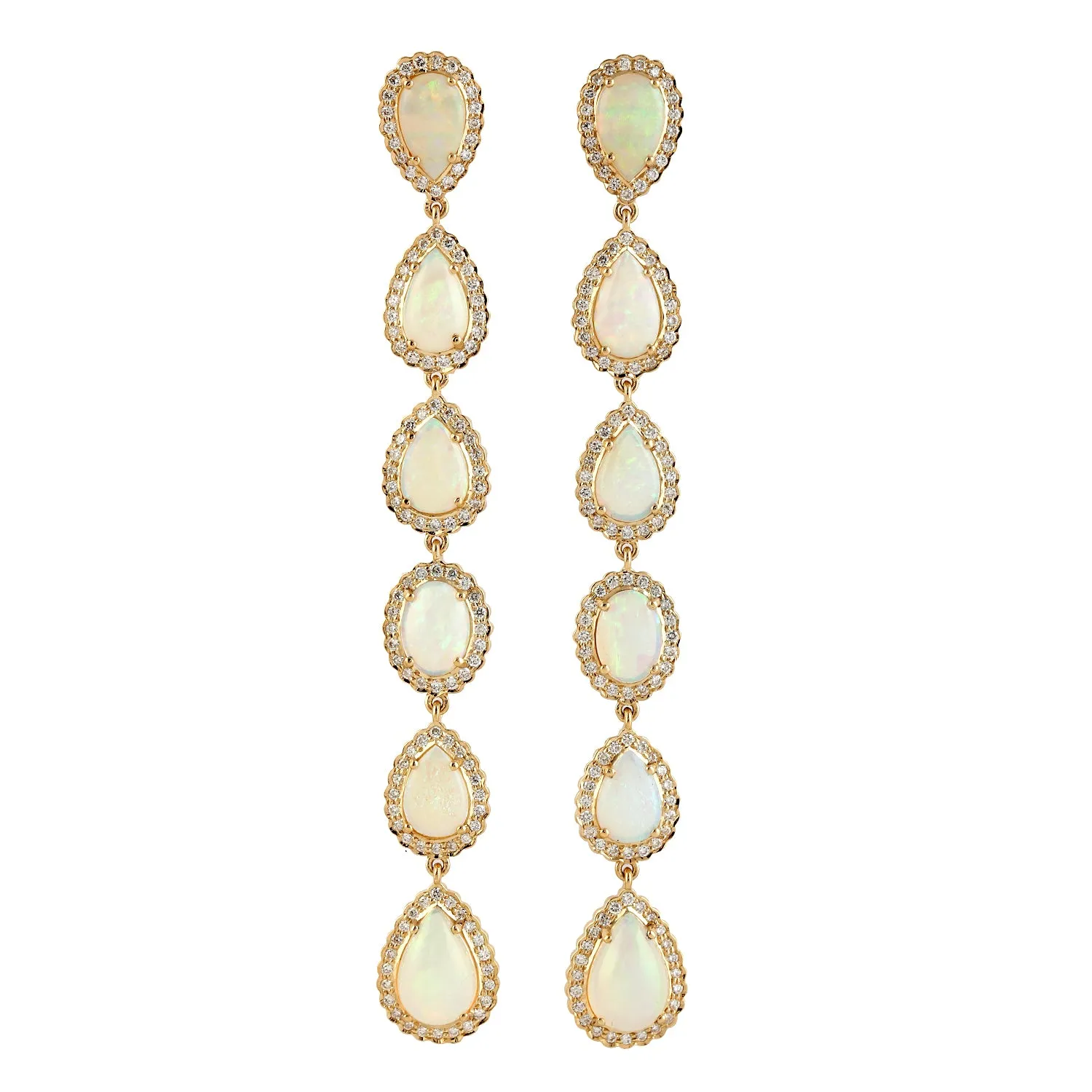 Pear Cut Opal Ethiopian Long Drop Pave Diamond Danglers in 18k Yellow Gold