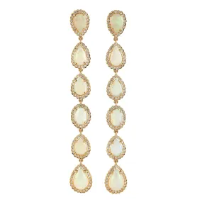 Pear Cut Opal Ethiopian Long Drop Pave Diamond Danglers in 18k Yellow Gold