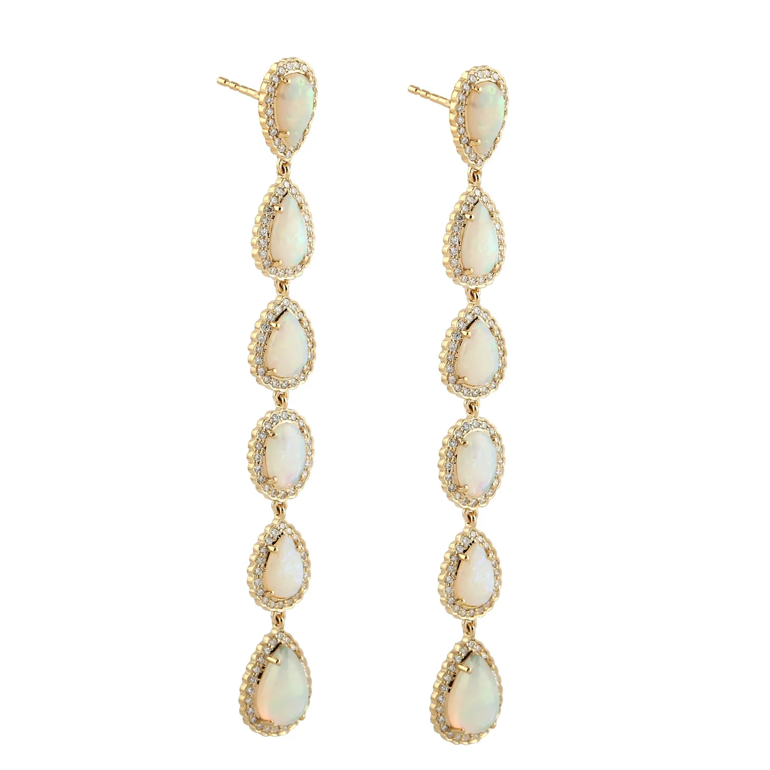 Pear Cut Opal Ethiopian Long Drop Pave Diamond Danglers in 18k Yellow Gold