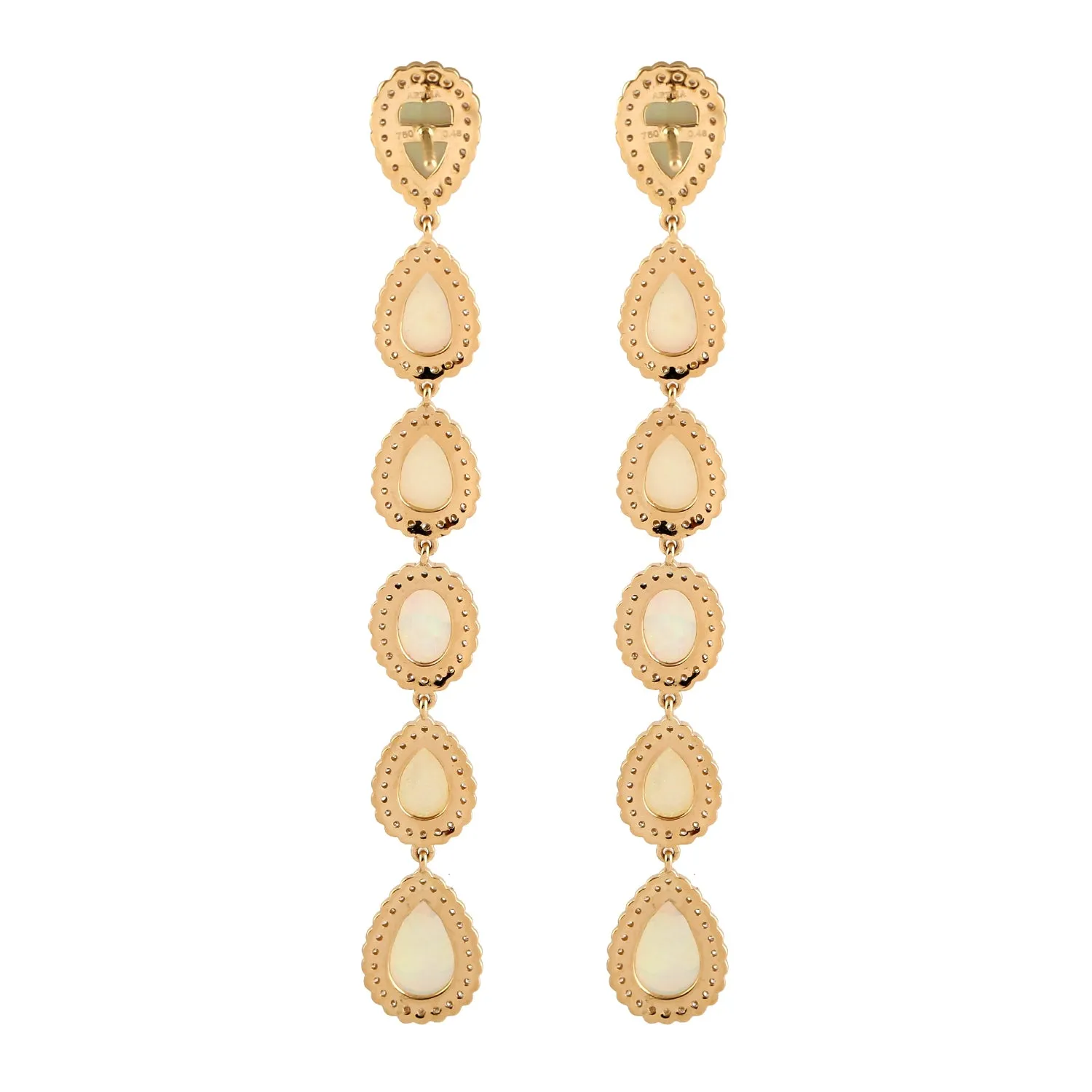 Pear Cut Opal Ethiopian Long Drop Pave Diamond Danglers in 18k Yellow Gold