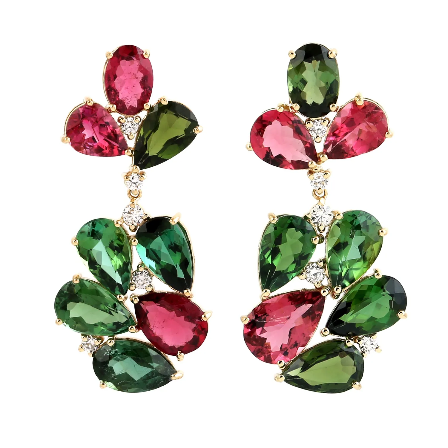 Pear Cut Tourmaline Pink Green Pave Diamond 18k Yellow Gold Danglers