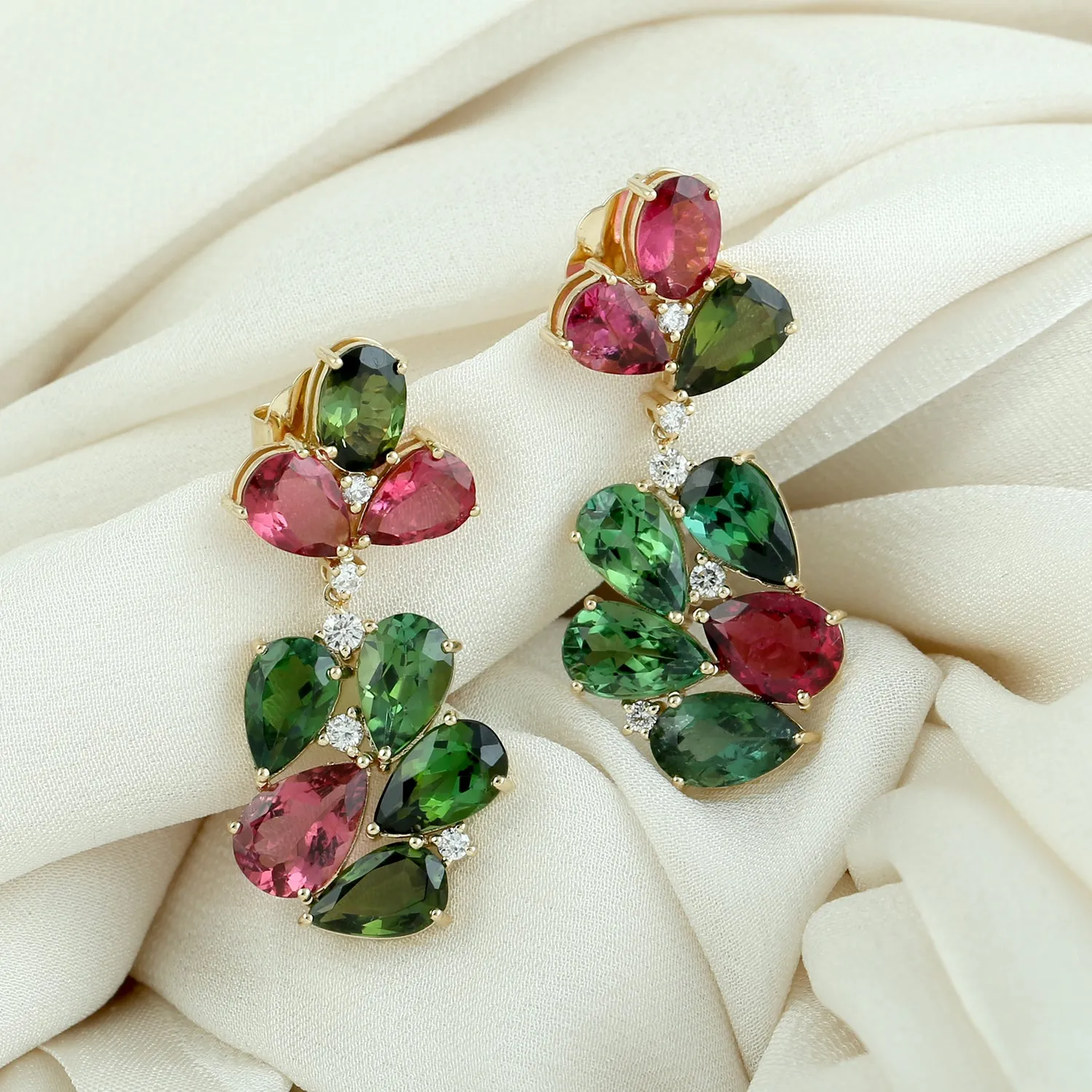 Pear Cut Tourmaline Pink Green Pave Diamond 18k Yellow Gold Danglers