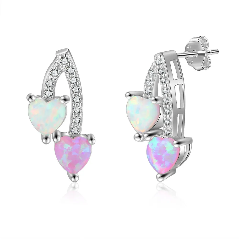 Pink and White Heart Shape Opal Zircon Sterling Silver Earrings