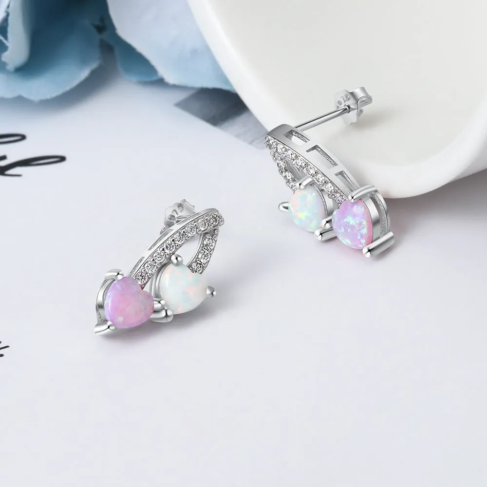 Pink and White Heart Shape Opal Zircon Sterling Silver Earrings