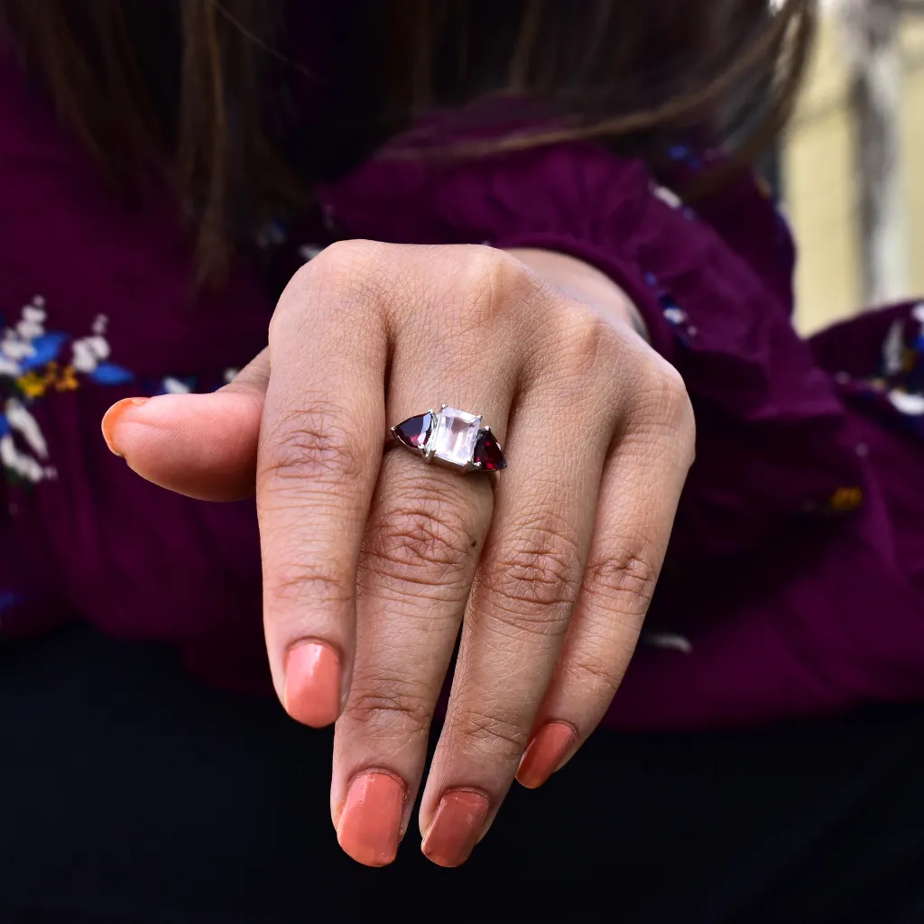 Pink Dream - Rose Quartz and Garnet Ring