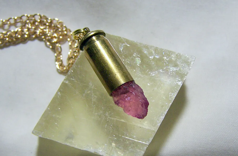 Pink Ruby Gemstone Natural Crystal Bullet Jewelry Pendant Necklace