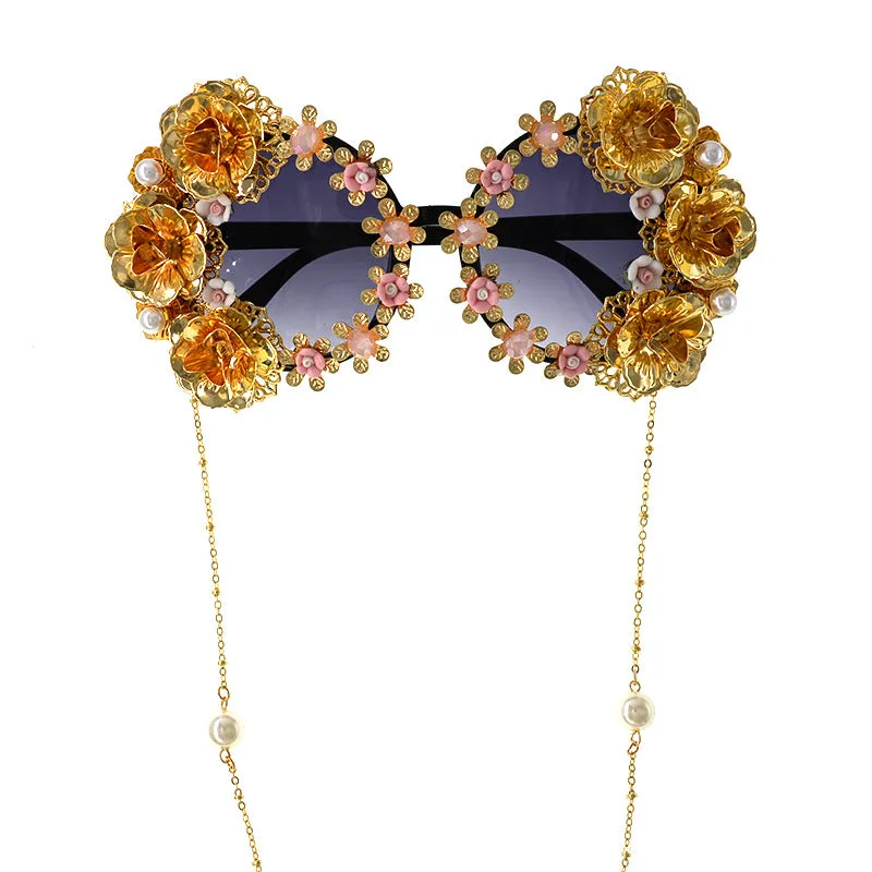 Pre Order:  Retro Hollow Carved Round Frame Flower Sunglasses