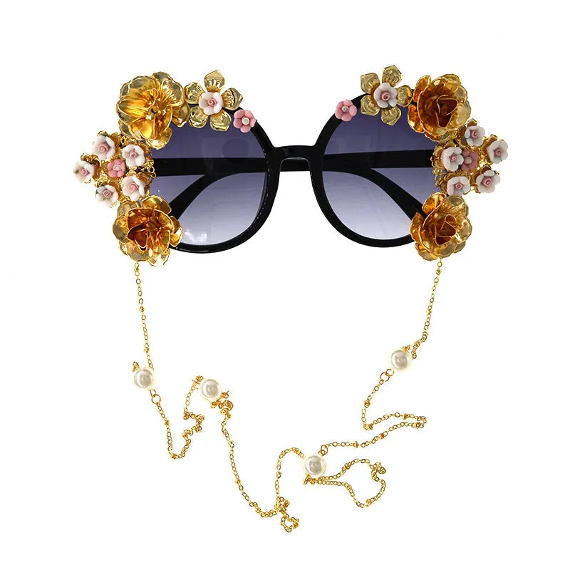 Pre Order:  Retro Hollow Carved Round Frame Flower Sunglasses