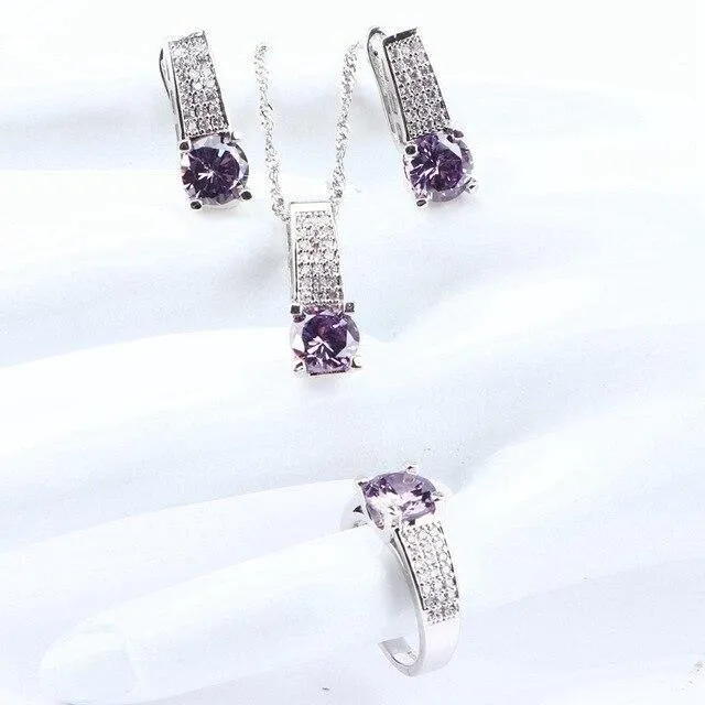 Purple AAA  Quality Zirconia Bridal Wedding Jewelry Set with  Silver 925 Necklace Ring Earrings Bracelet