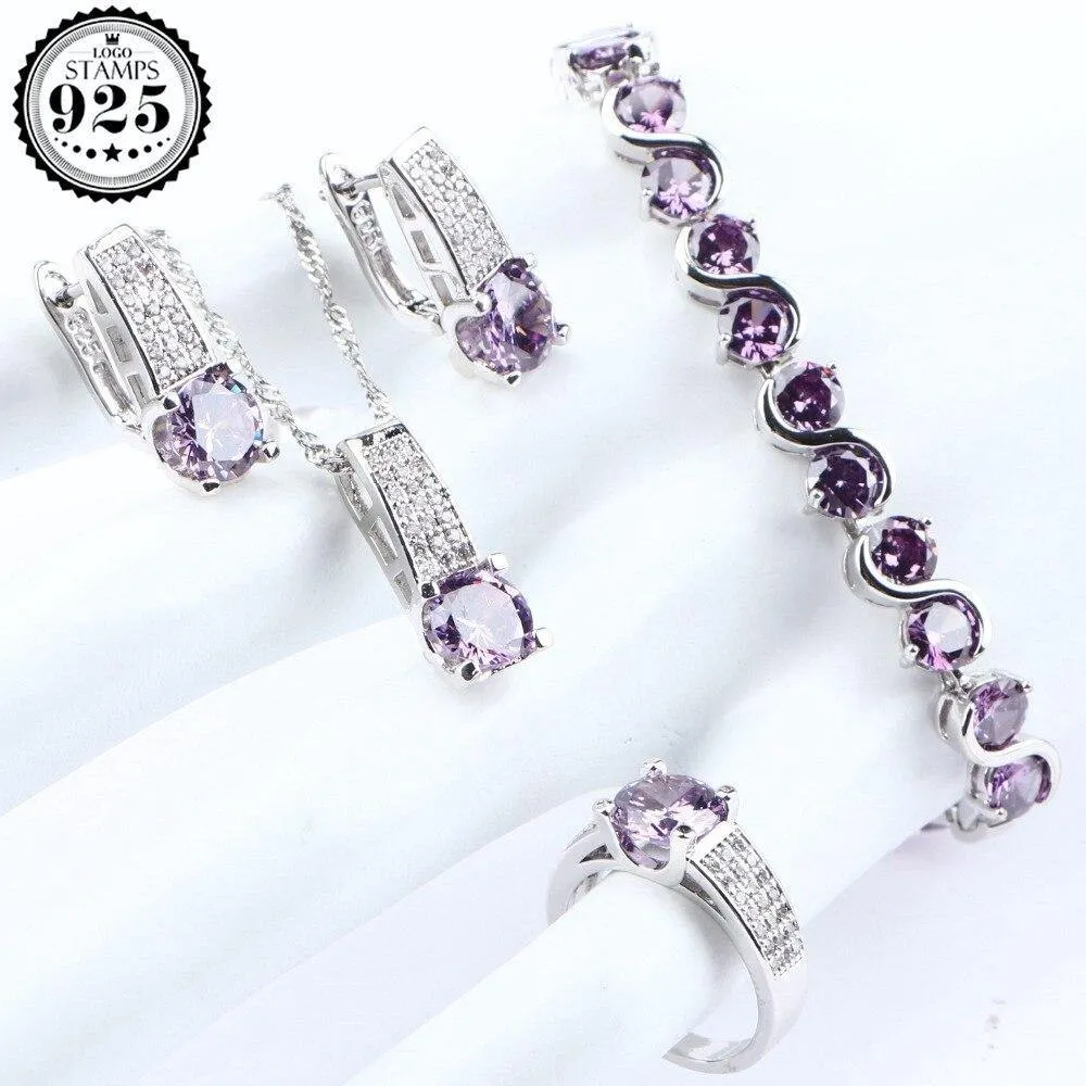 Purple AAA  Quality Zirconia Bridal Wedding Jewelry Set with  Silver 925 Necklace Ring Earrings Bracelet