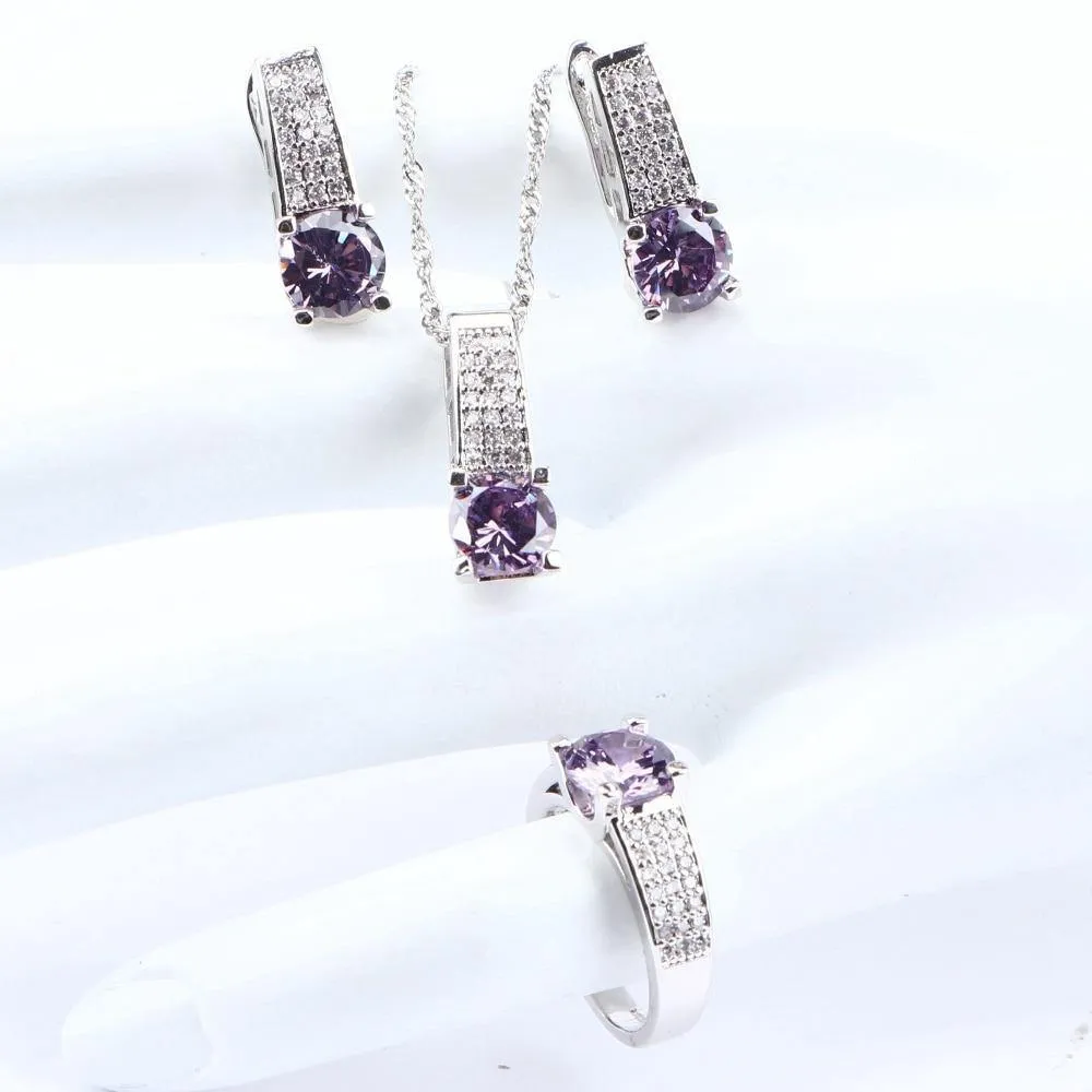 Purple AAA  Quality Zirconia Bridal Wedding Jewelry Set with  Silver 925 Necklace Ring Earrings Bracelet