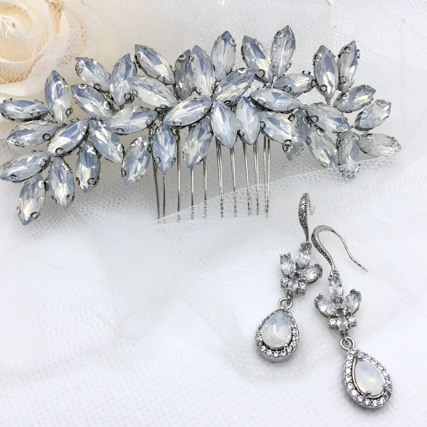 "Marielle" - Opal Bridal Hair Comb and Earrings Set