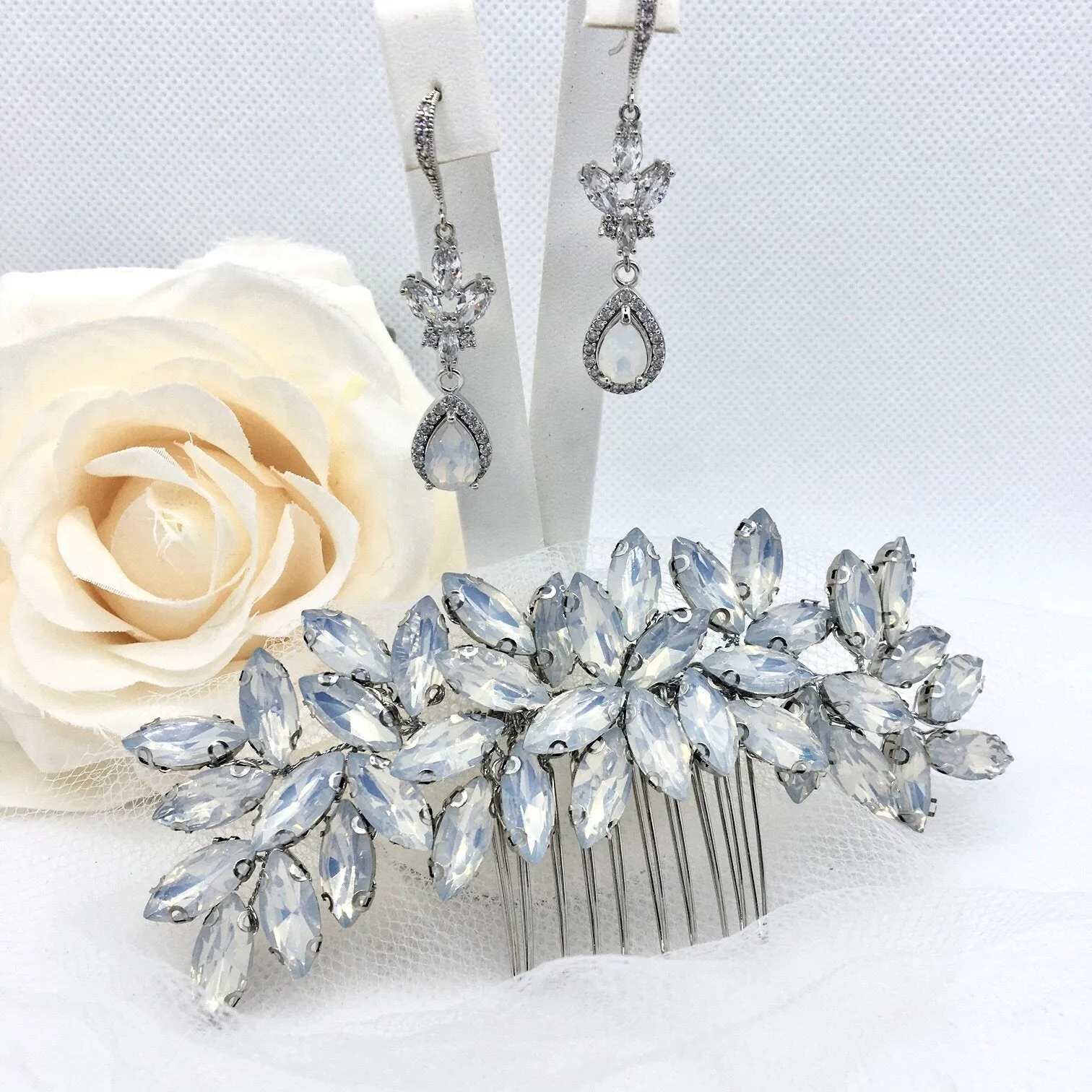 "Marielle" - Opal Bridal Hair Comb and Earrings Set