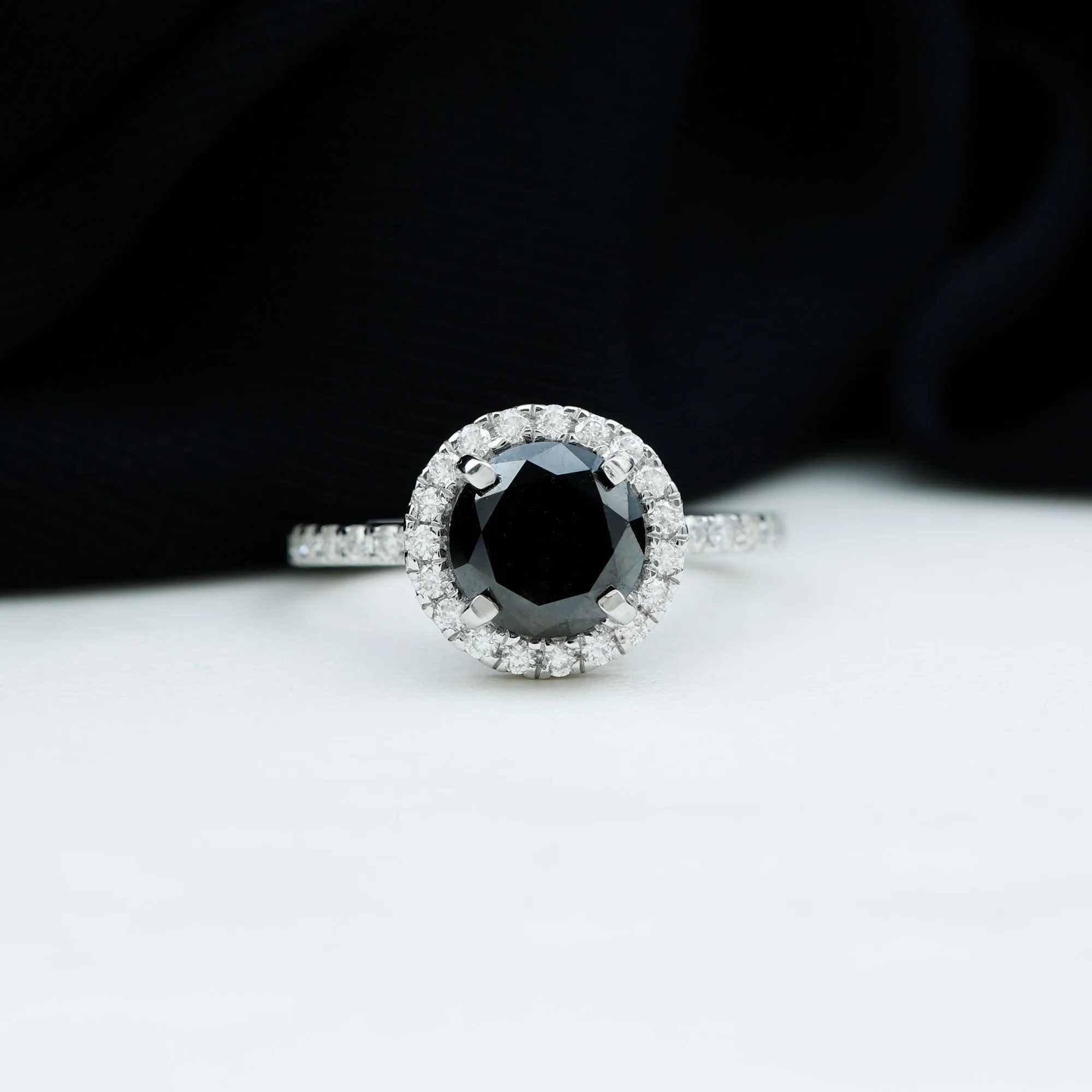 Real Black Spinel Classic Halo Engagement Ring with Diamond