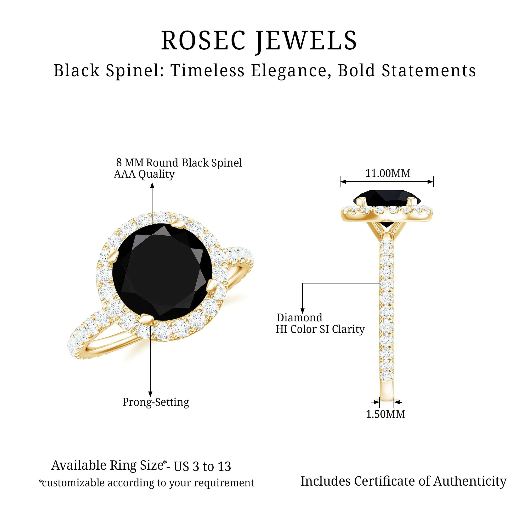 Real Black Spinel Classic Halo Engagement Ring with Diamond