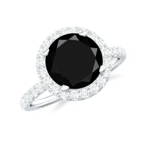 Real Black Spinel Classic Halo Engagement Ring with Diamond