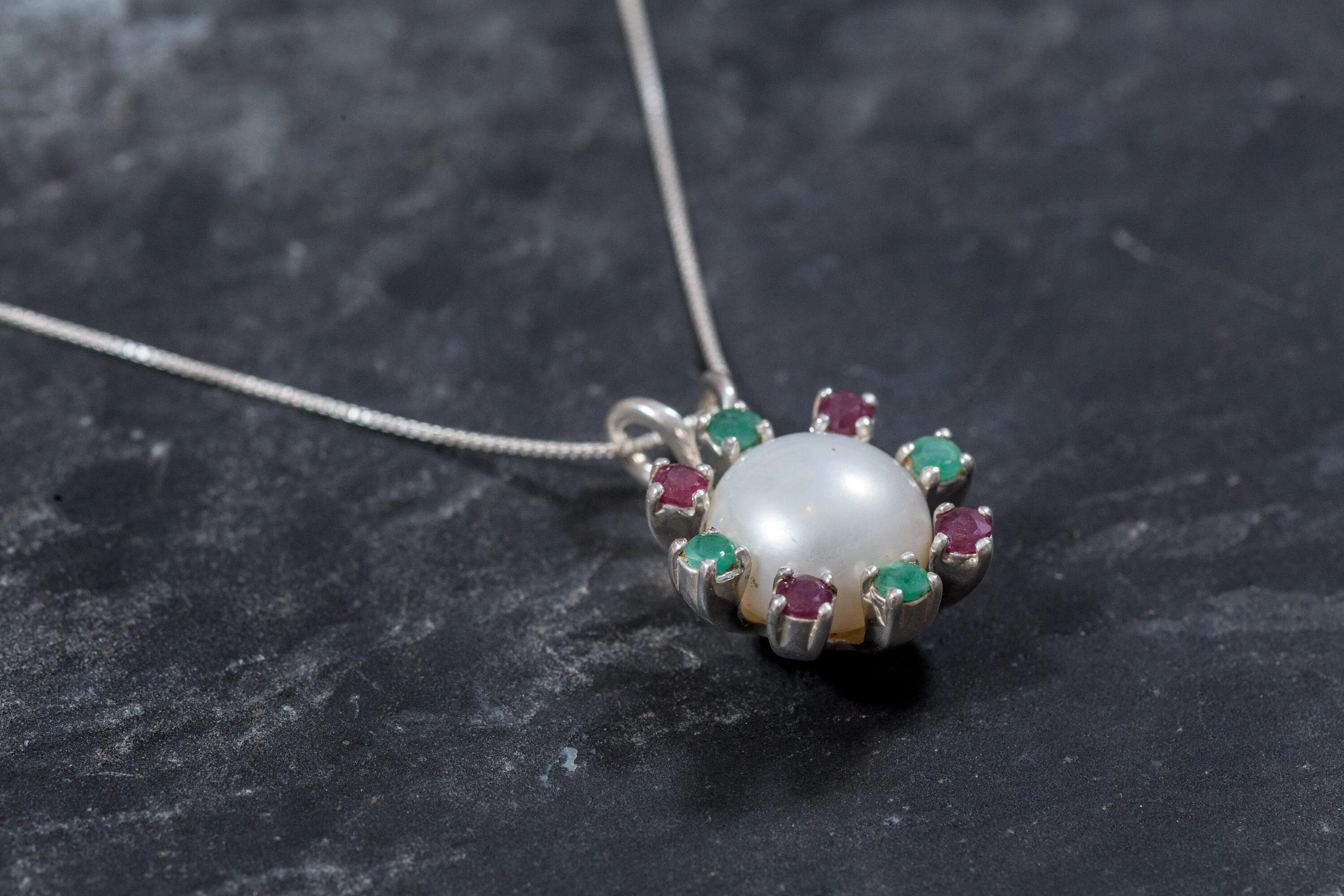 Real Pearl Pendant - Statement Pearl Necklace - Ruby & Emerald Necklace