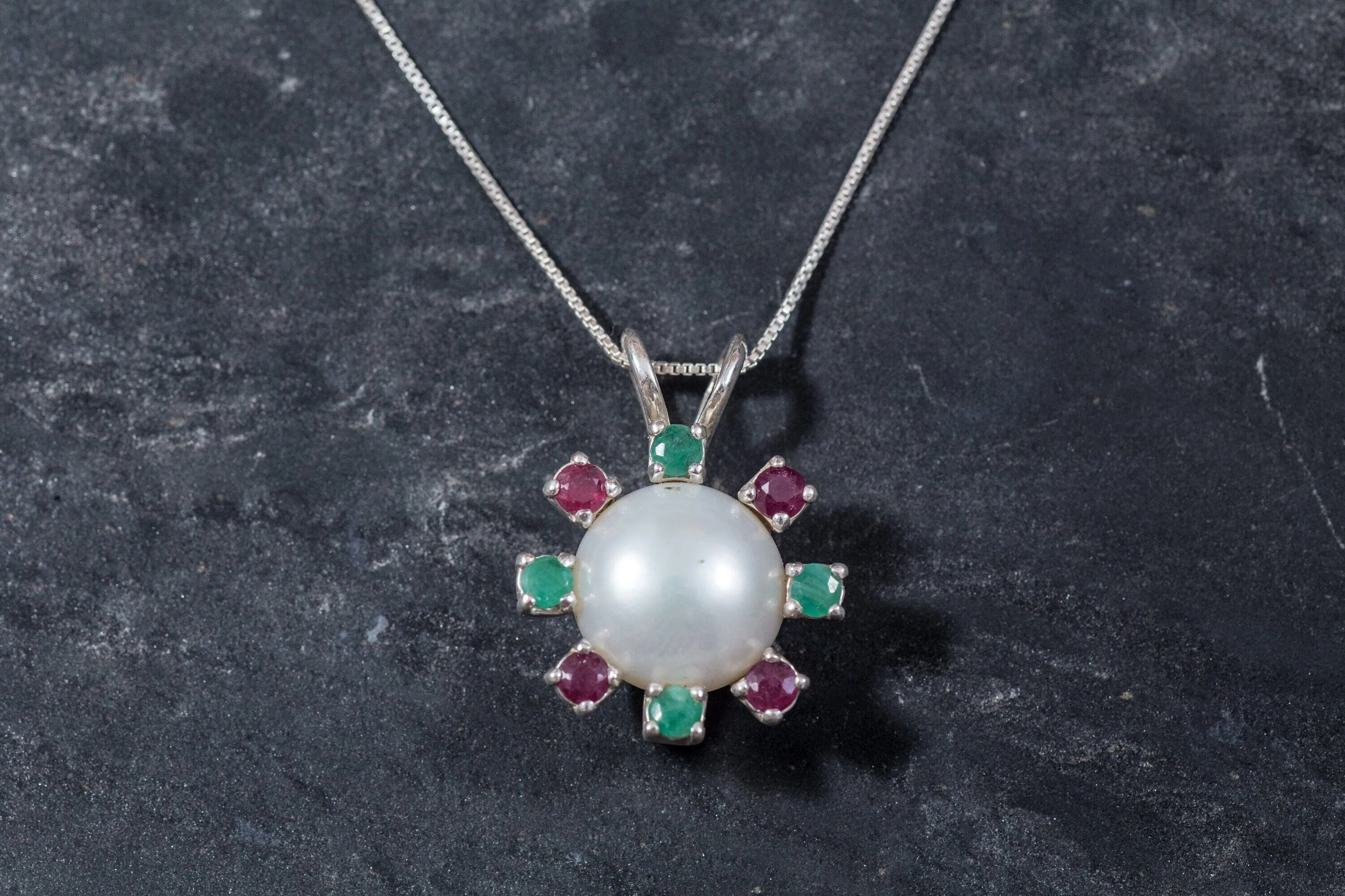 Real Pearl Pendant - Statement Pearl Necklace - Ruby & Emerald Necklace