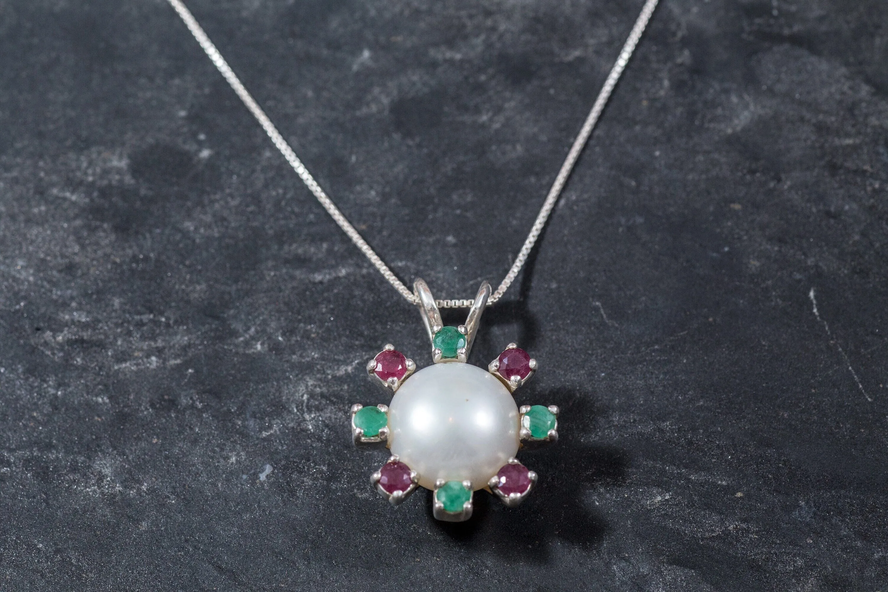 Real Pearl Pendant - Statement Pearl Necklace - Ruby & Emerald Necklace