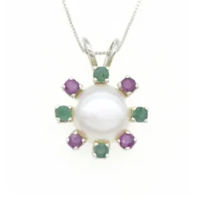 Real Pearl Pendant - Statement Pearl Necklace - Ruby & Emerald Necklace