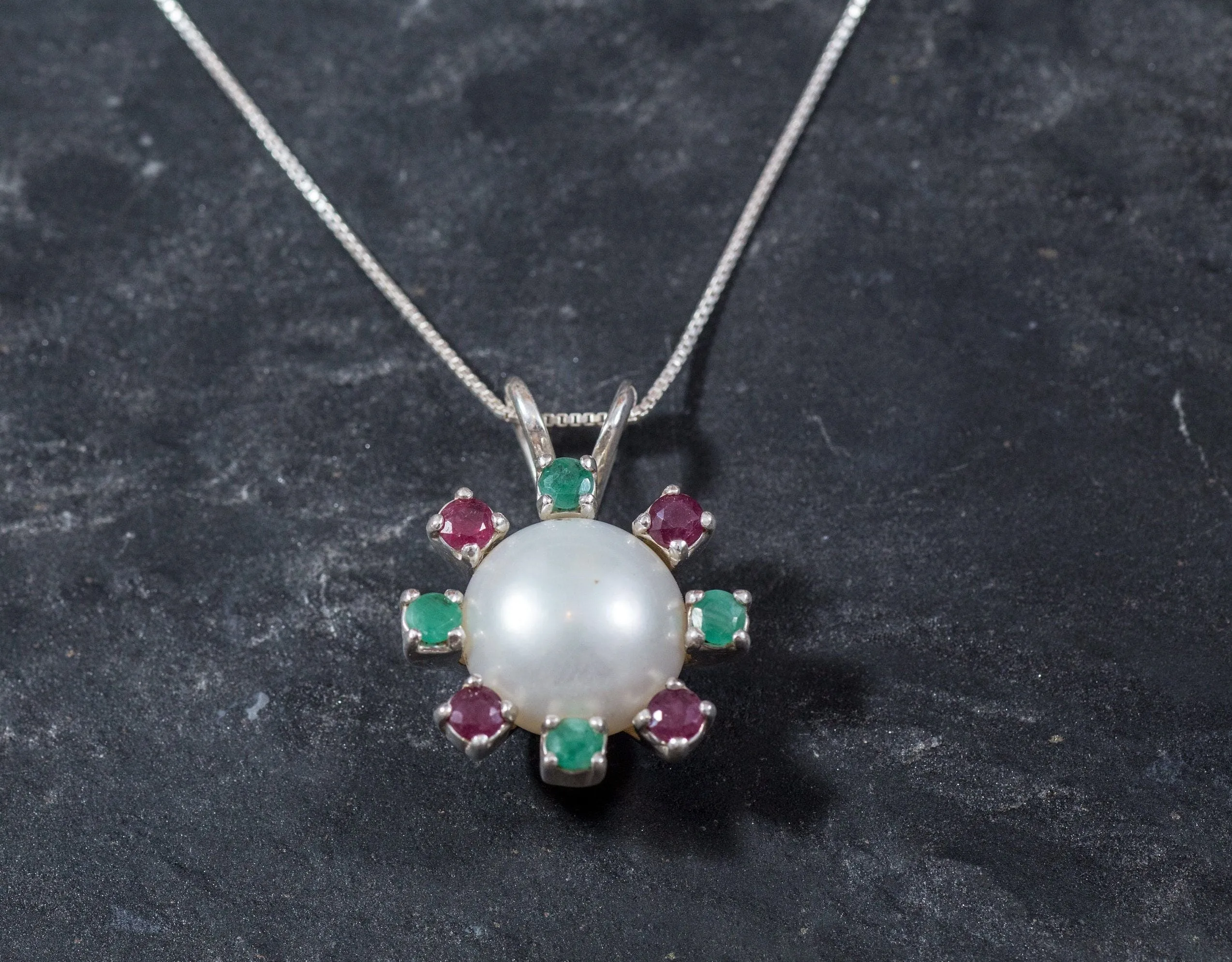 Real Pearl Pendant - Statement Pearl Necklace - Ruby & Emerald Necklace