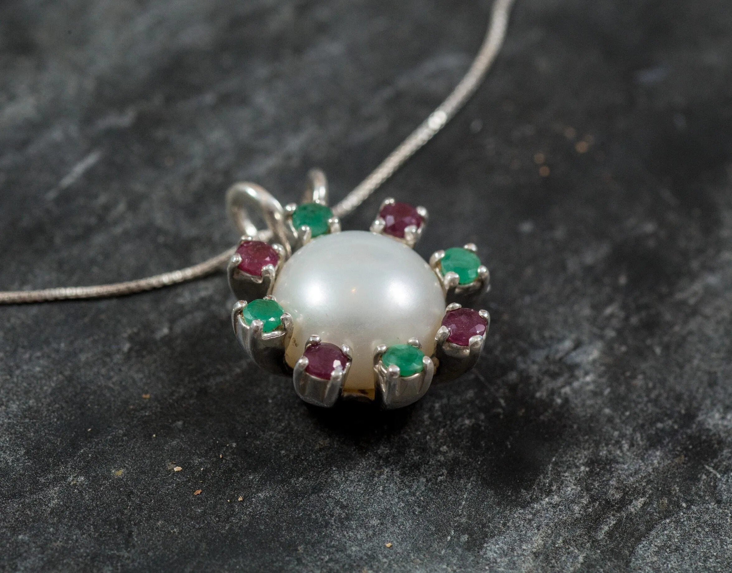 Real Pearl Pendant - Statement Pearl Necklace - Ruby & Emerald Necklace