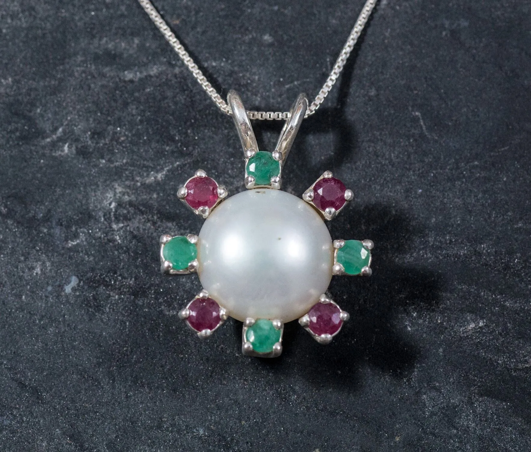 Real Pearl Pendant - Statement Pearl Necklace - Ruby & Emerald Necklace