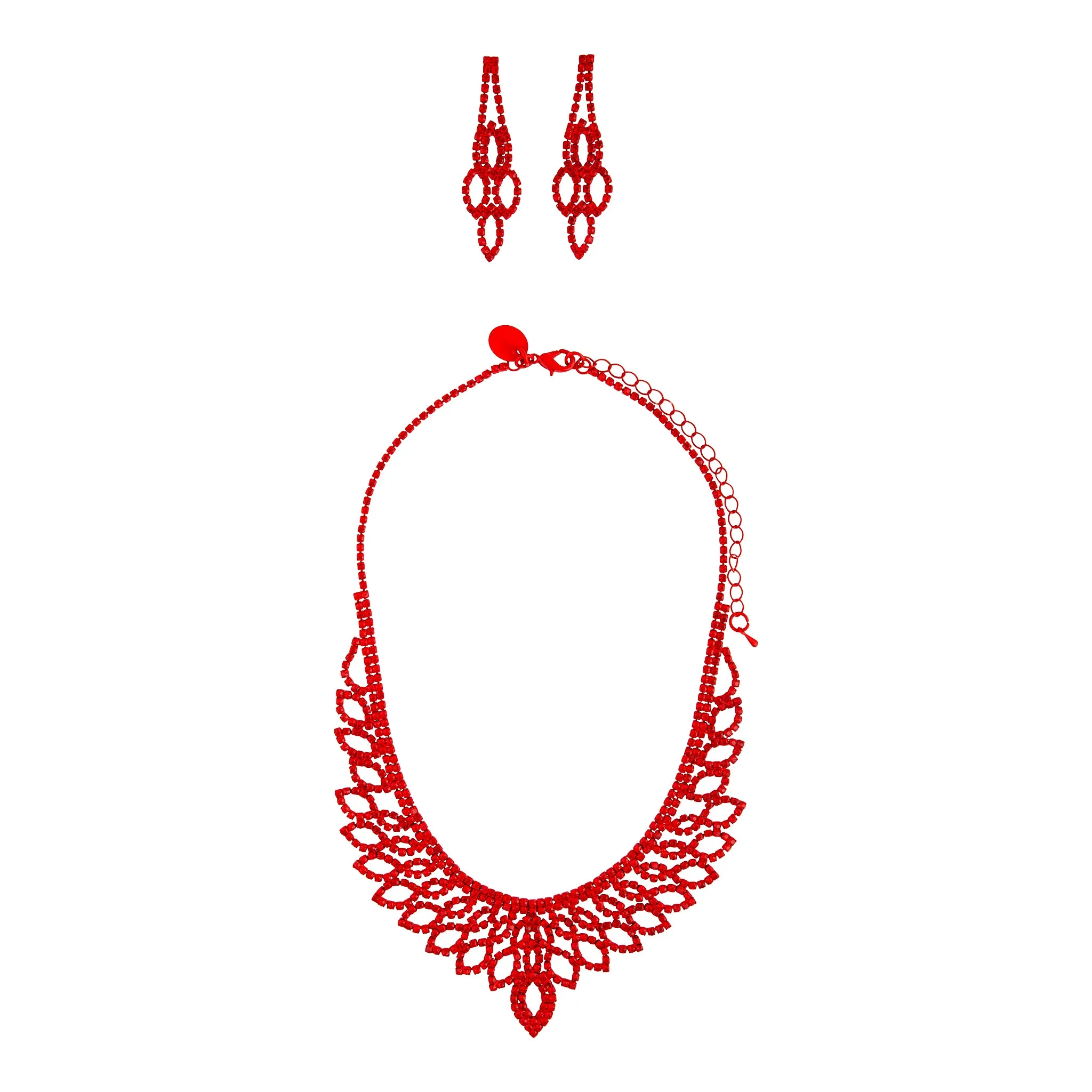 Red Diamante Cup Chain Necklace Earrings Set