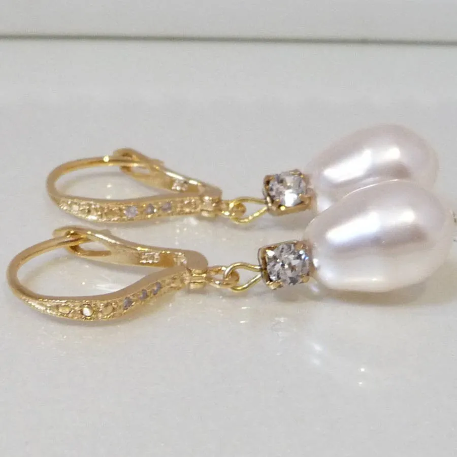 Rhinestone And Pearl Leverback Earrings