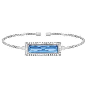 Rhodium Finish Sterling Silver Cable Cuff Bracelet with Rectangular Simulated Blue Topaz Stone and Simulated Diamonds