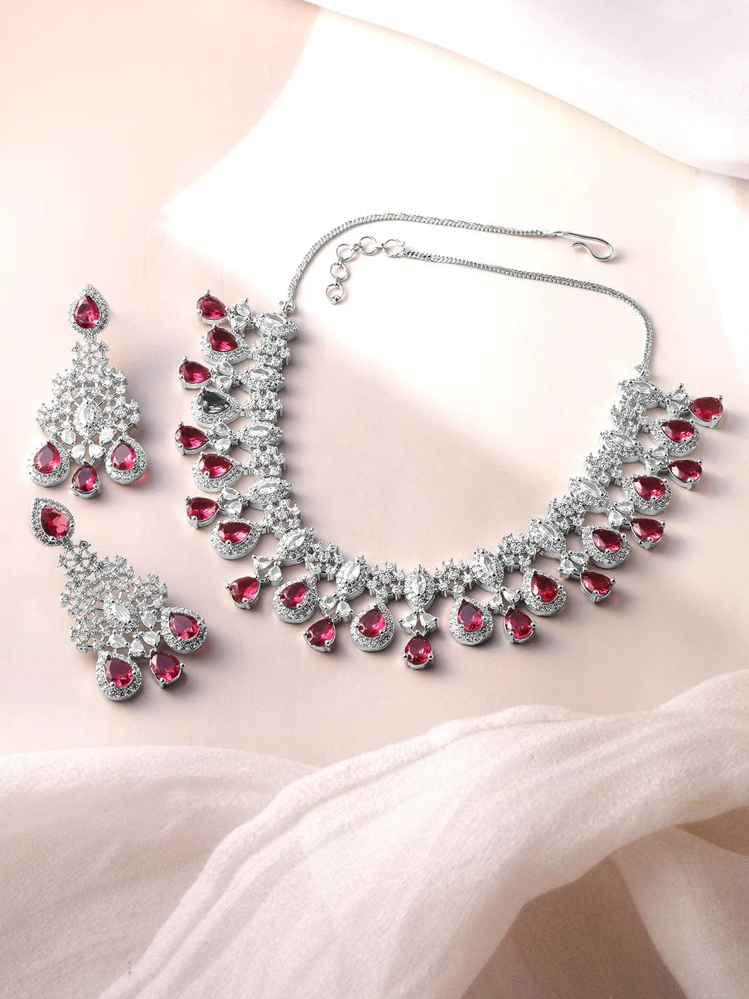 Rhodium-Plated Ruby Red and White Cubic Zirconia Studded Necklace Set