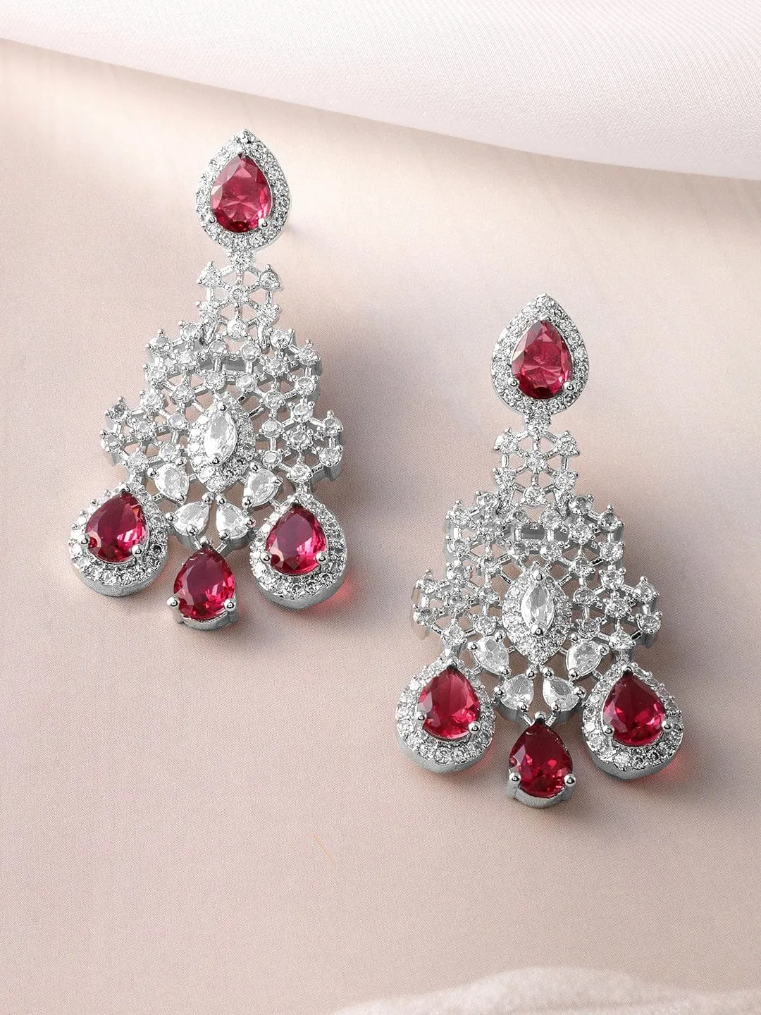 Rhodium-Plated Ruby Red and White Cubic Zirconia Studded Necklace Set