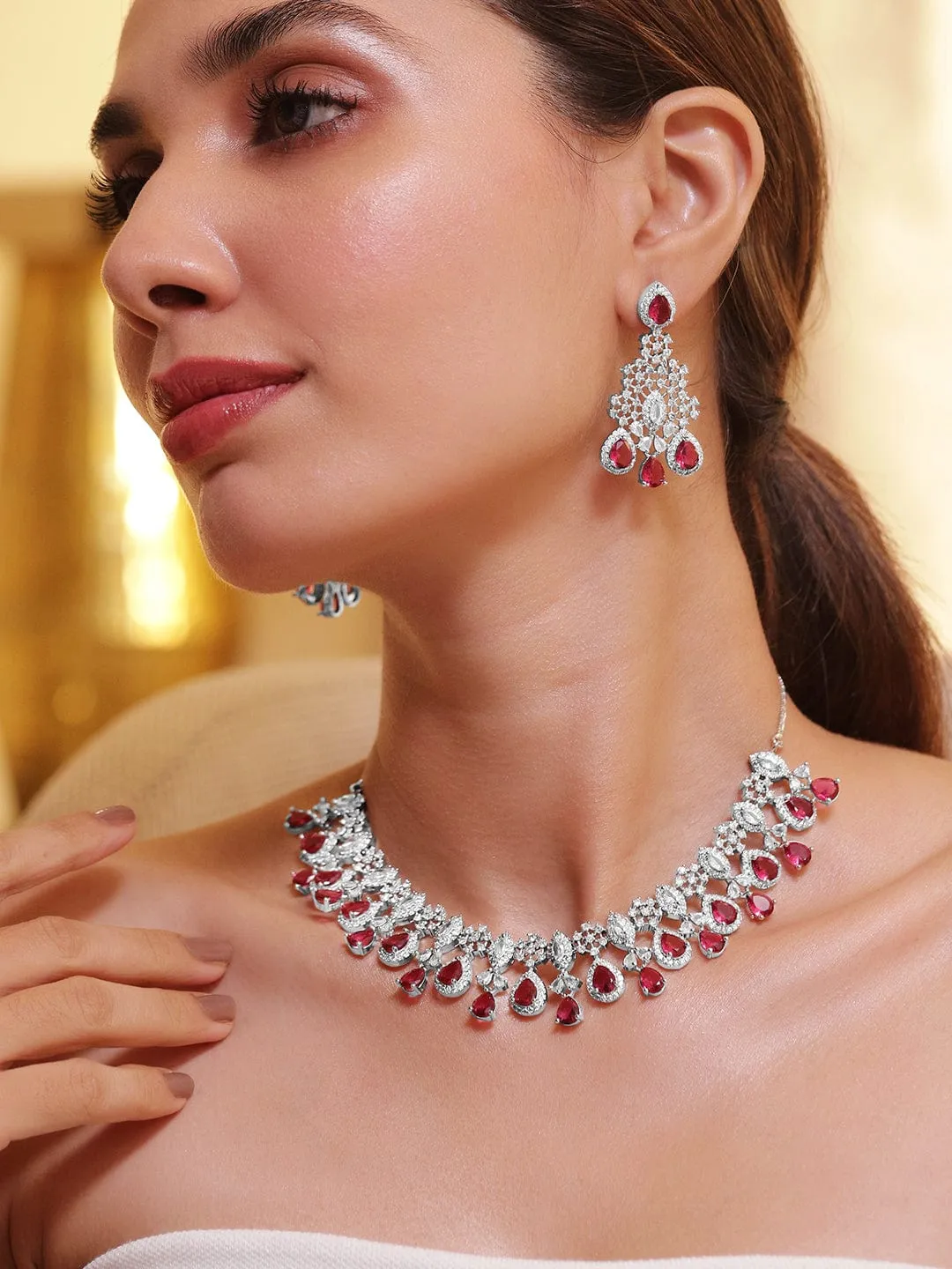 Rhodium-Plated Ruby Red and White Cubic Zirconia Studded Necklace Set