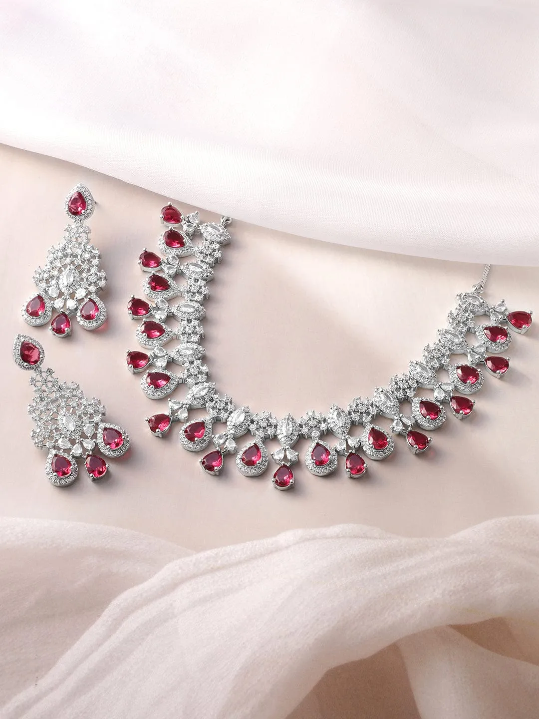 Rhodium-Plated Ruby Red and White Cubic Zirconia Studded Necklace Set