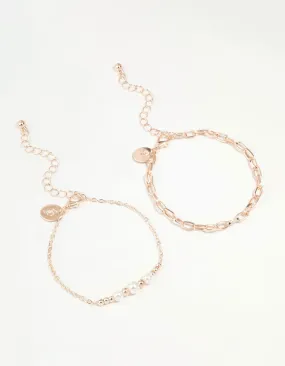 Rose Gold Chain Link & Pearl 2-Pack Bracelet