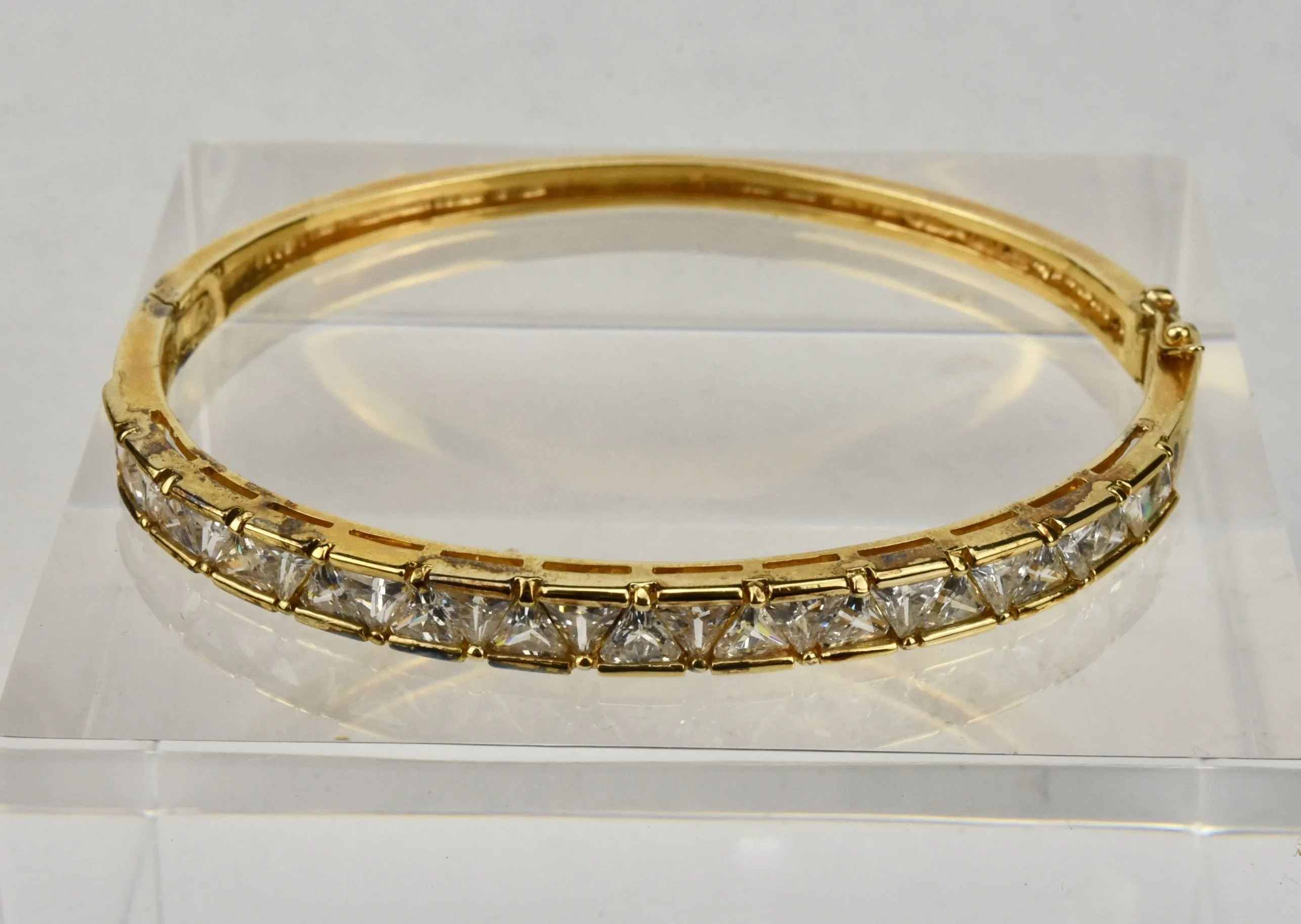 Ross-Simons - Gold Tone Sterling Silver Hinged Bangle with Trillion Cut CZ