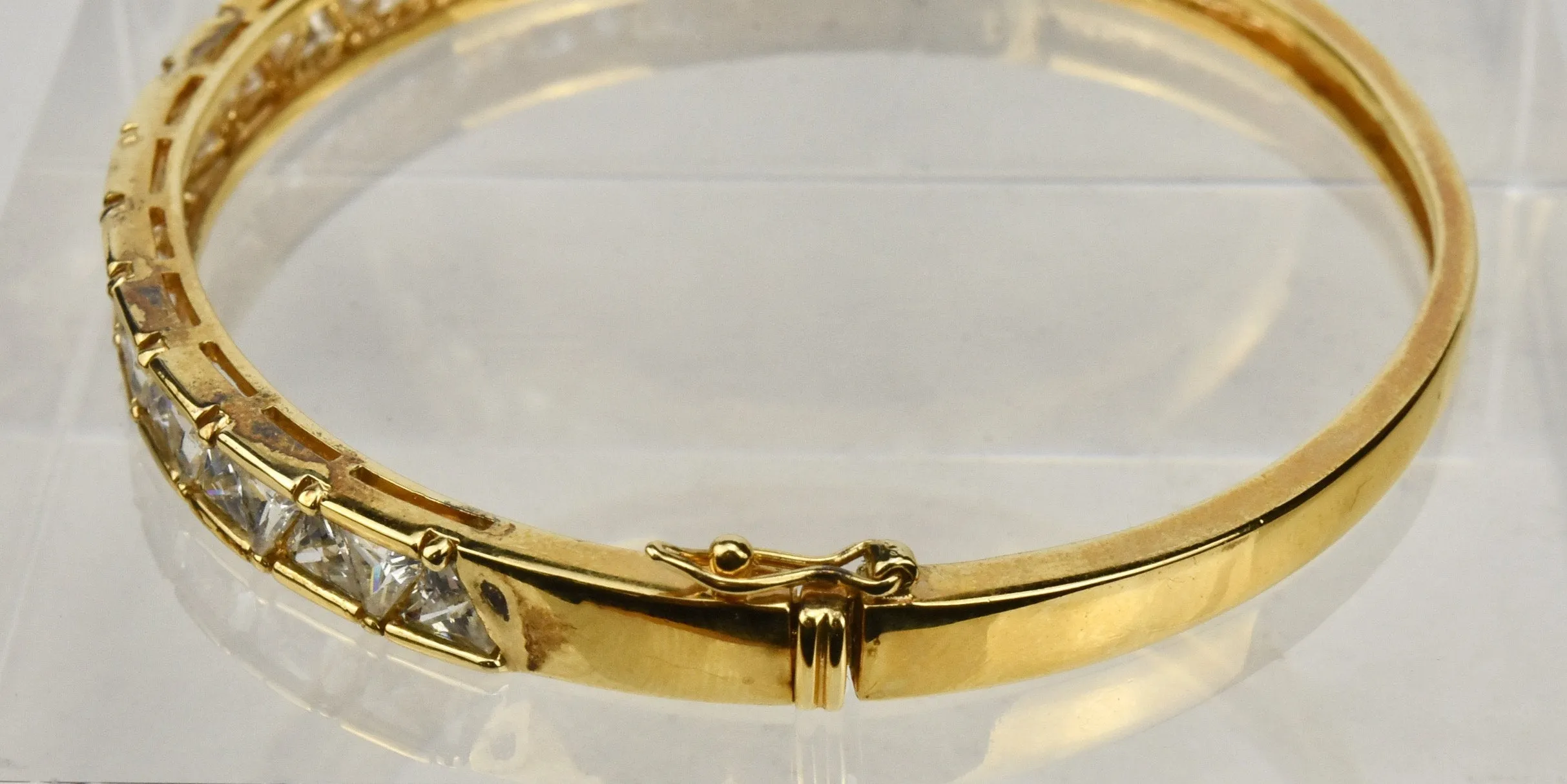 Ross-Simons - Gold Tone Sterling Silver Hinged Bangle with Trillion Cut CZ