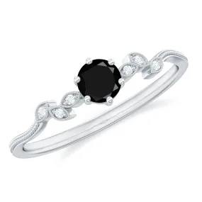 Round Black and White Diamond Minimal Leaf Ring