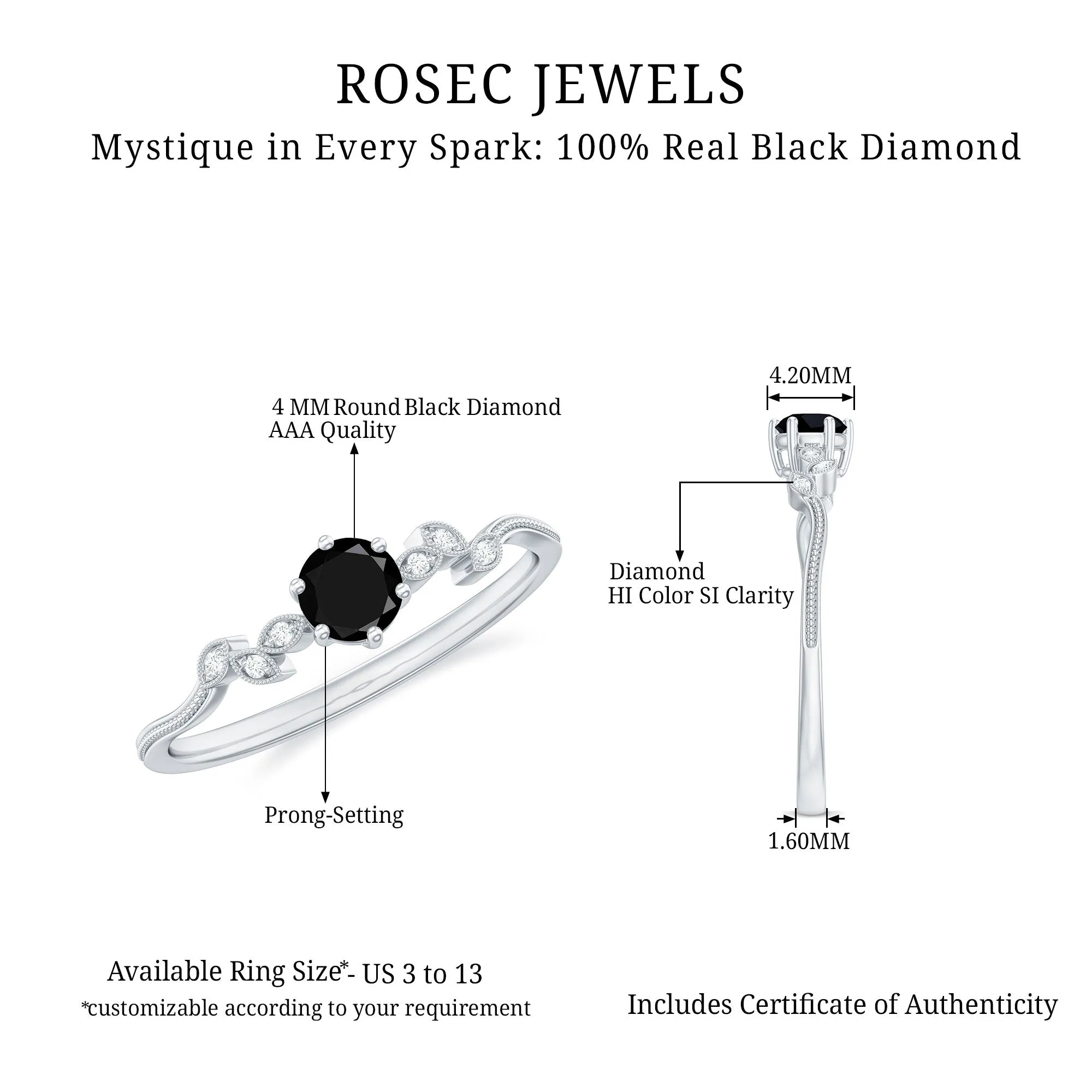 Round Black and White Diamond Minimal Leaf Ring