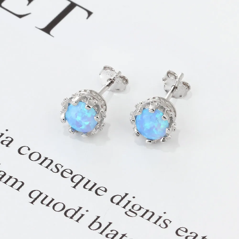 Round Blue Pink White Fire Opal Earrings 925 Sterling Silver Stud