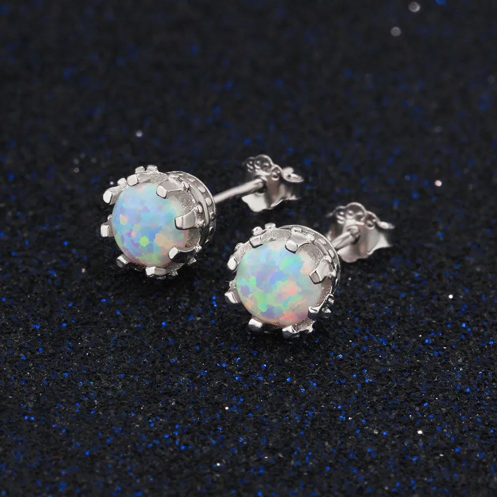 Round Blue Pink White Fire Opal Earrings 925 Sterling Silver Stud