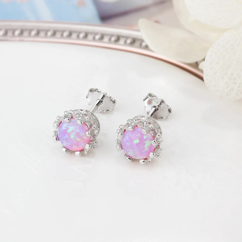 Round Blue Pink White Fire Opal Earrings 925 Sterling Silver Stud