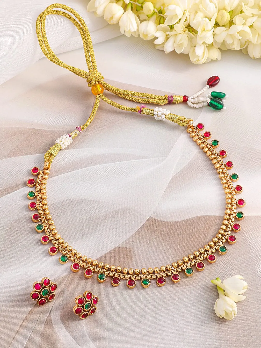 Rubans 22K Gold-Plated Ruby & Emerald Stone Studded Jewellery Set