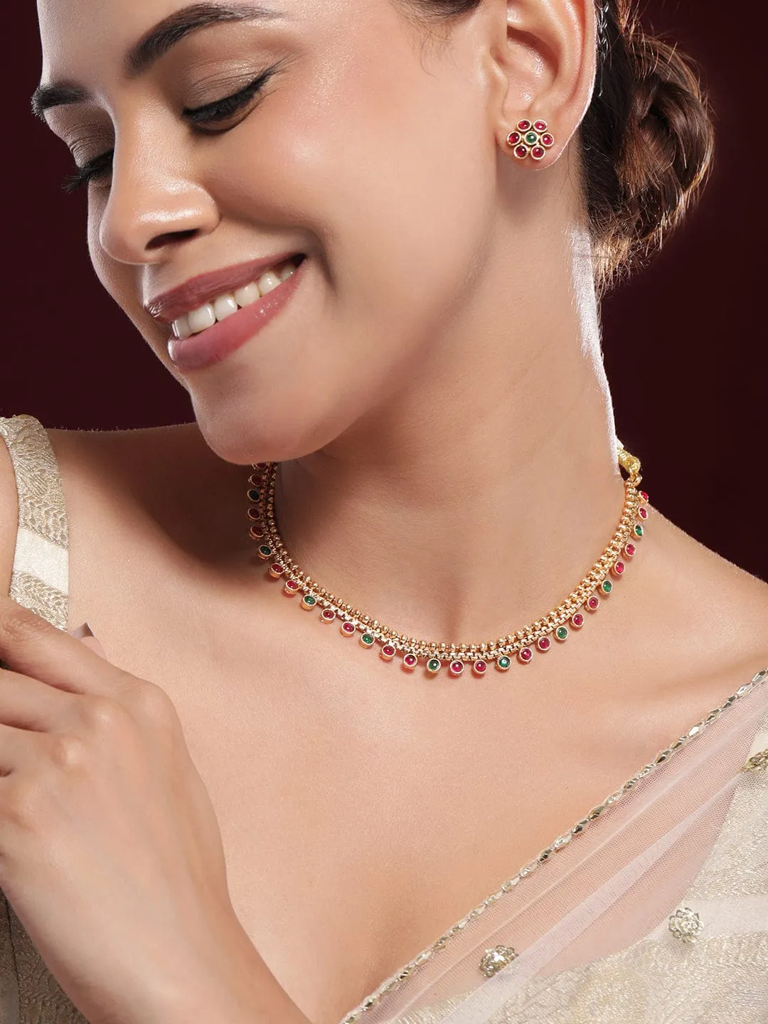 Rubans 22K Gold-Plated Ruby & Emerald Stone Studded Jewellery Set