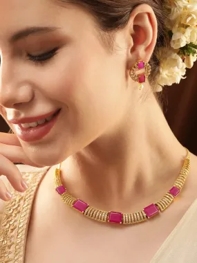 Rubans 22K Gold-Plated Ruby Pink & White Cubic Zirconia Studded Premium Jewellery Set with Earrings