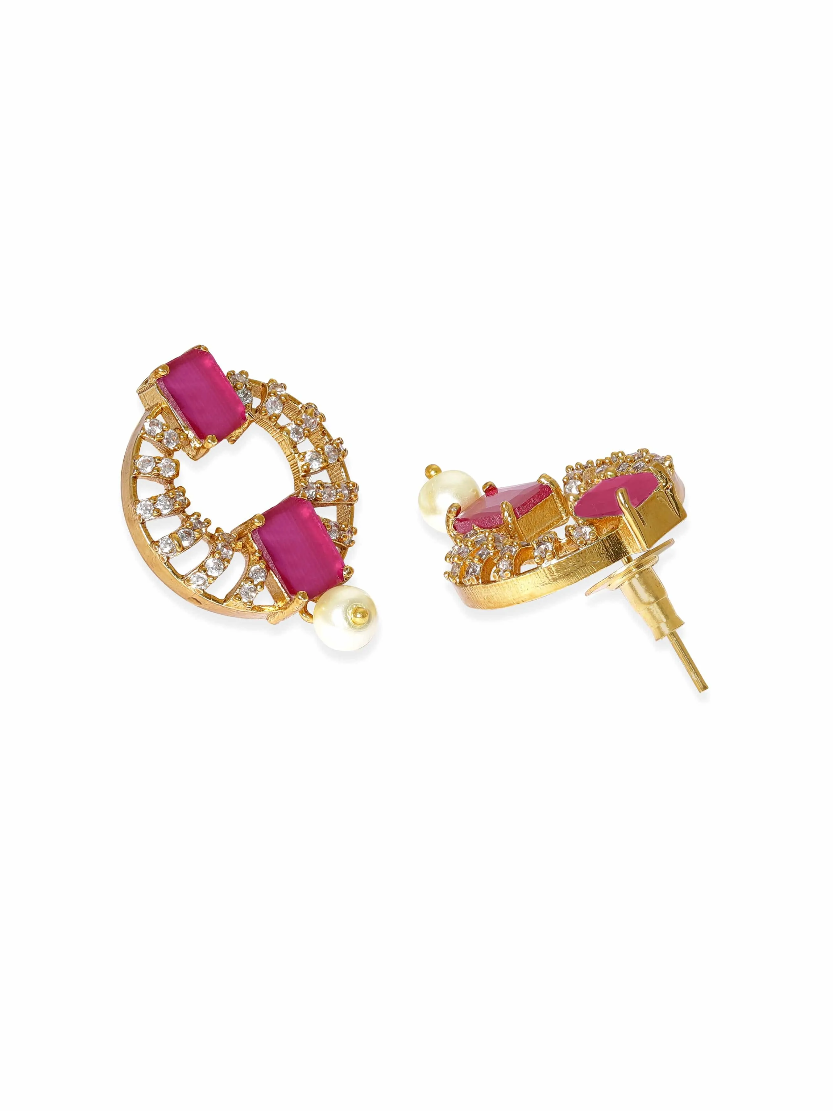 Rubans 22K Gold-Plated Ruby Pink & White Cubic Zirconia Studded Premium Jewellery Set with Earrings