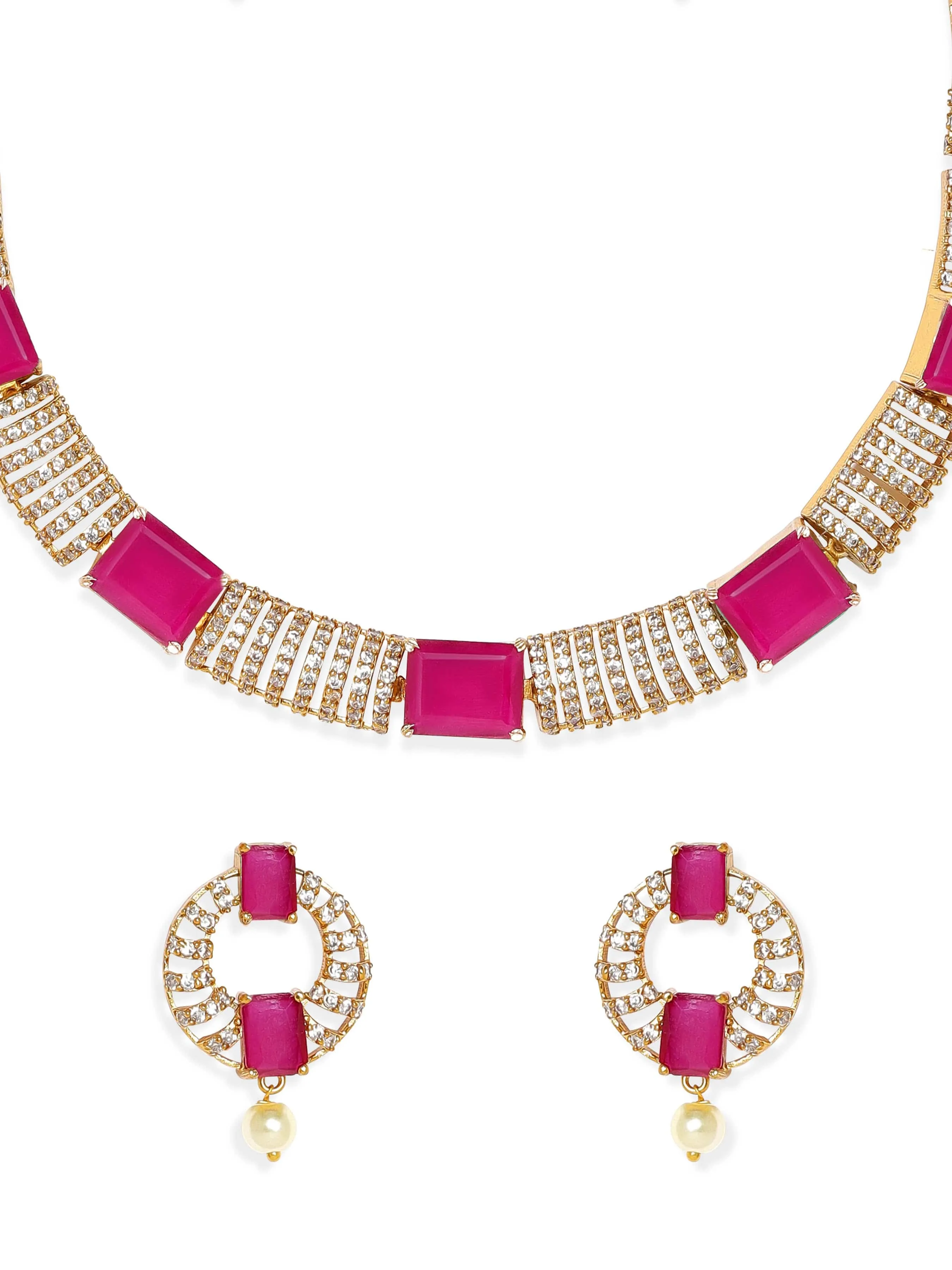 Rubans 22K Gold-Plated Ruby Pink & White Cubic Zirconia Studded Premium Jewellery Set with Earrings