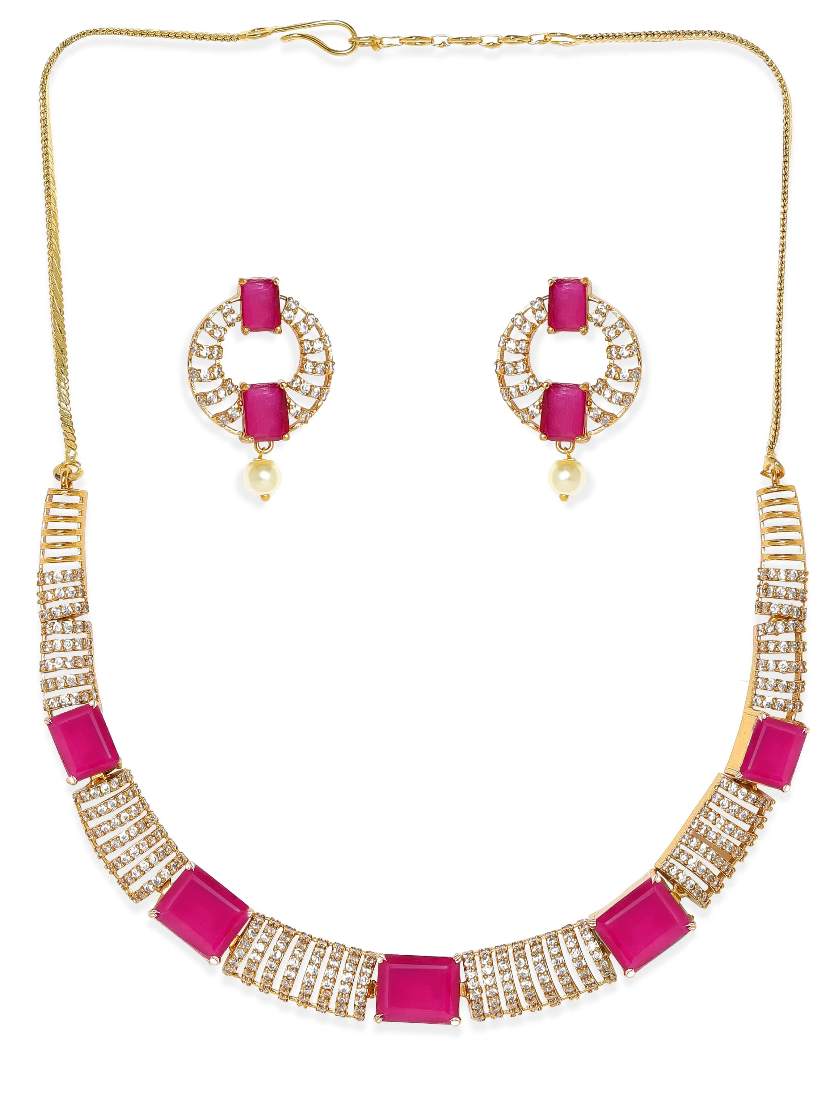 Rubans 22K Gold-Plated Ruby Pink & White Cubic Zirconia Studded Premium Jewellery Set with Earrings